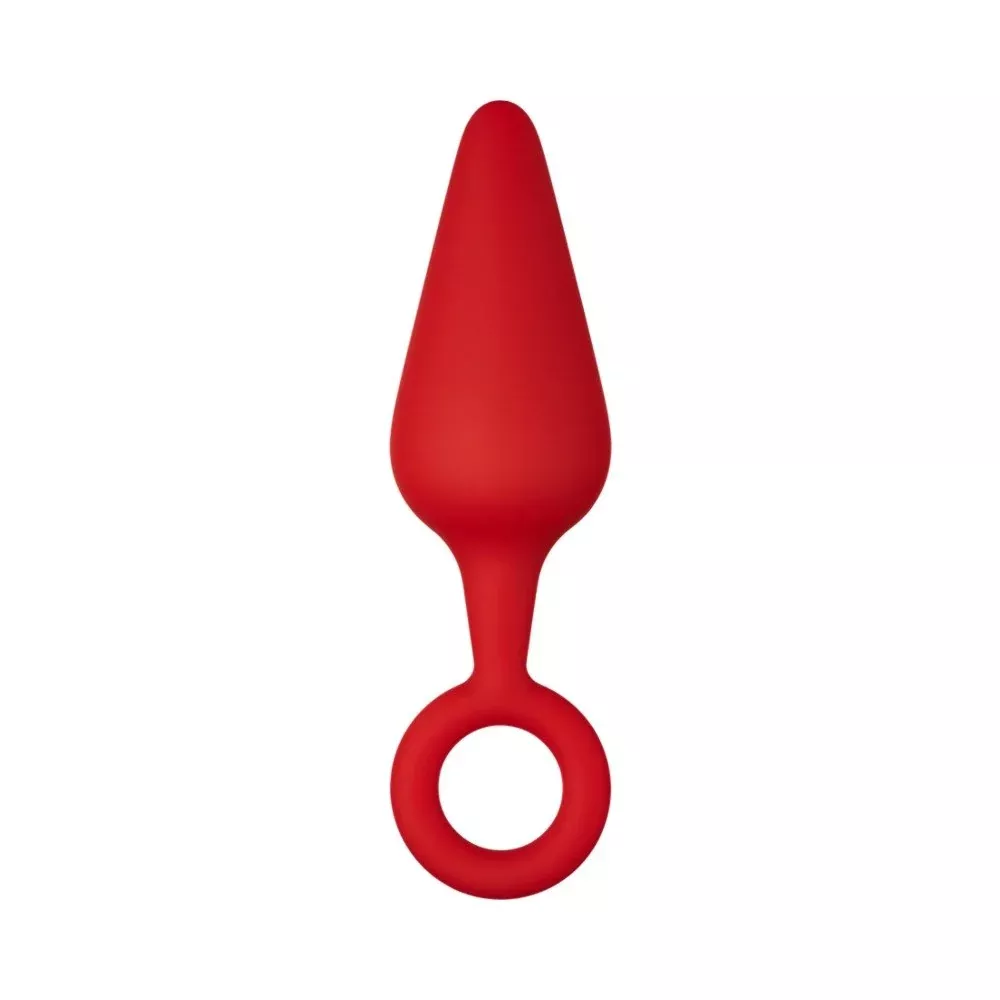 F-10 Silicone Butt Plug With Pull Ring, Medium, Black-Red